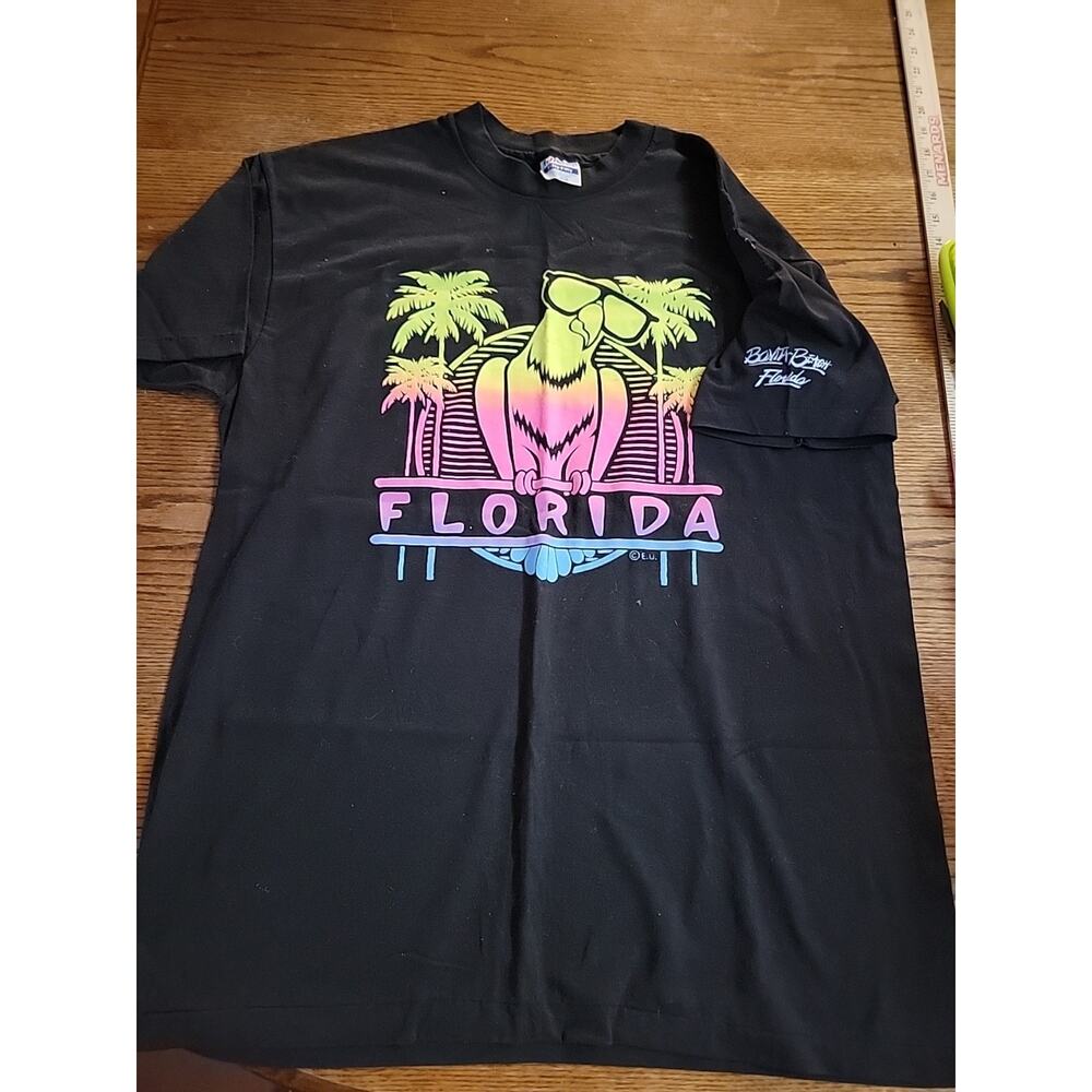 Bonita Beach Florida Tshirt Black W Neon Print Parrot Vintage XL Mens NoS